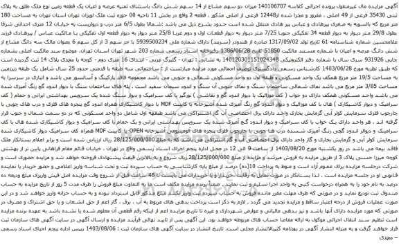 آگهی مزایده میزان دو سهم مشاع از 14 سهم شش دانگ باستثنای ثمنیه عرصه و اعیان یک قطعه زمین نوع ملک طلق به پلاک ثبتی 35430 فرعی از 49 اصلی