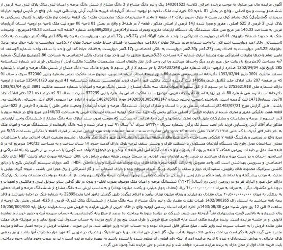 آگهی مزایده یک و نیم دانگ مشاع از 3 دانگ مشاع از شش دانگ عرصه و اعیان ثبتی پلاک پلاک ثبتی سه فرعی از ششصدو بیست و پنج اصلی