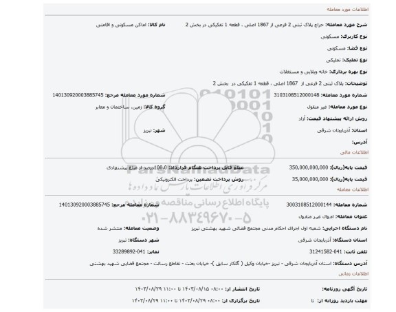 مزایده، پلاک ثبتی 2 فرعی از 1867 اصلی ، قطعه 1 تفکیکی در بخش 2