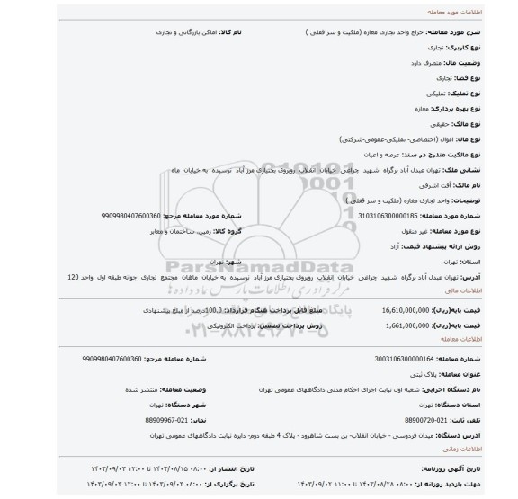 مزایده، واحد تجاری مغازه (ملکیت و سر قفلی )