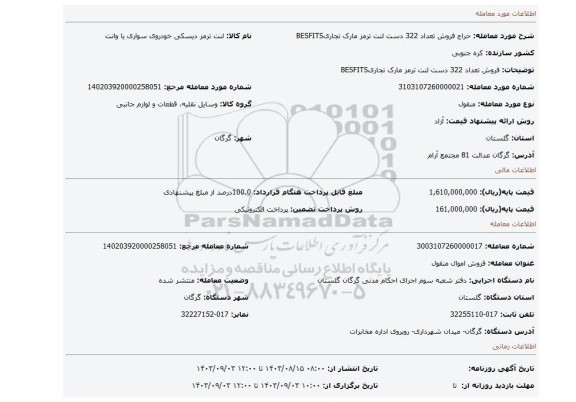 مزایده، فروش تعداد 322 دست لنت ترمز مارک تجاریBESFITS