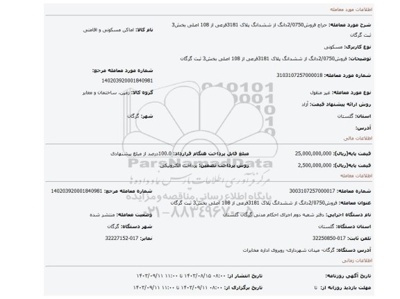 مزایده، فروش2/0750دانگ از ششدانگ پلاک 3181فرعی از 108 اصلی بخش3 ثبت گرگان