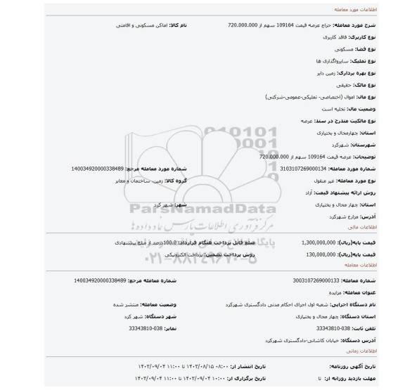 مزایده، عرصه قیمت 109164 سهم از 720.000.000