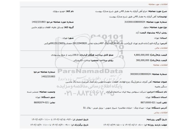 مزایده، آهن آلیاژی به مقدار 40تن طبق شرح مدارک پیوست