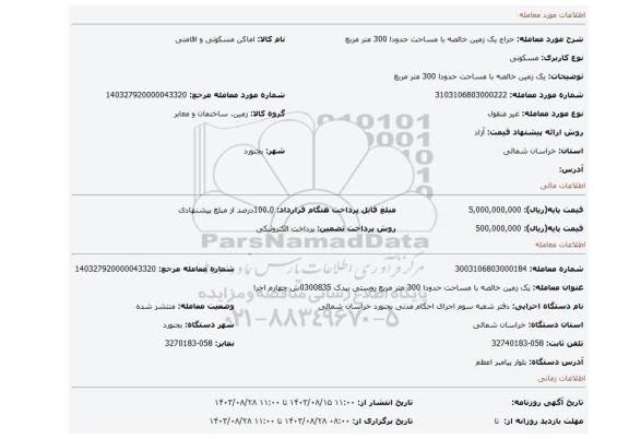 مزایده، یک زمین خالصه با مساحت حدودا 300 متر مربع