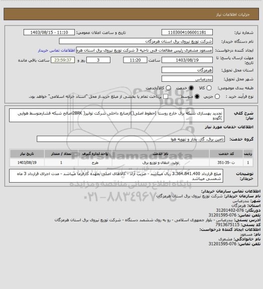 استعلام تجدید بهسازی شبکه برق خارج روستا )خطوط اصلی()ازمنابع داخلی شرکت توانیر( 2BRKاصالح شبکه فشارمتوسط هوایی )گودو