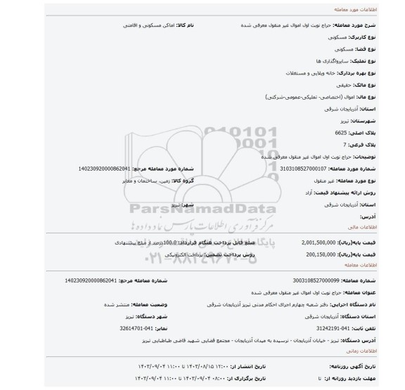 مزایده، حراج نوبت اول اموال غیر منقول معرفی شده