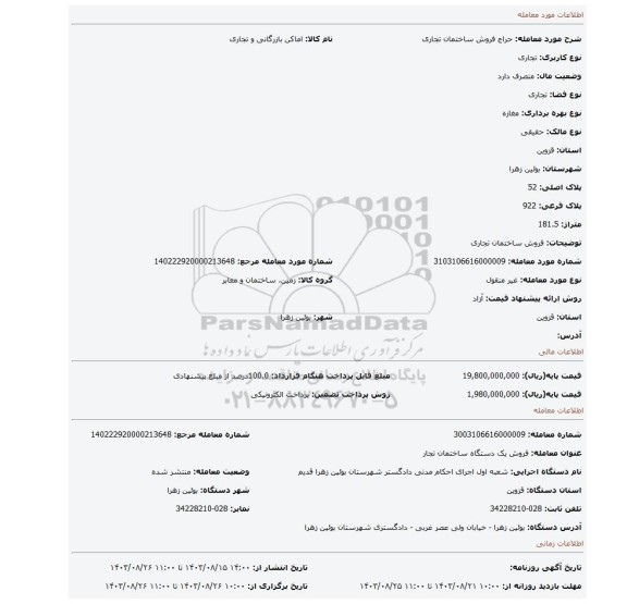 مزایده، فروش ساختمان تجاری
