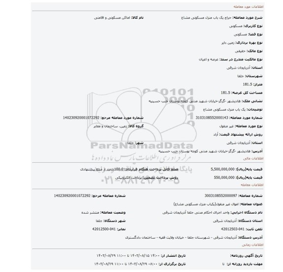 مزایده، یک باب منزل مسکونی مشاع