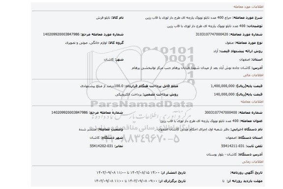 مزایده، 400 عدد تابلو نوبوک پارچه ای طرح دار لوزی با قاب رزین