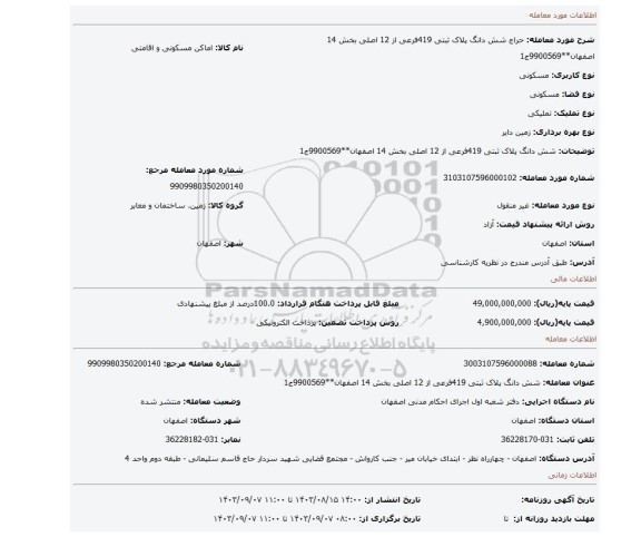 مزایده، شش دانگ پلاک ثبتی 419فرعی از 12 اصلی بخش 14 اصفهان**9900569ج1