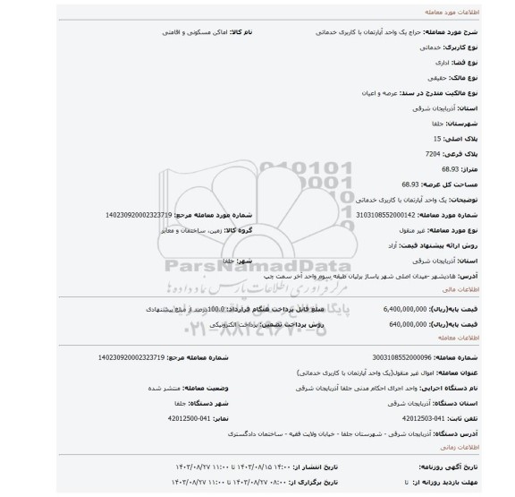 مزایده، یک واحد آپارتمان با کاربری خدماتی
