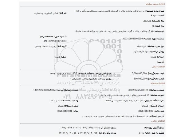 مزایده، باغ گردو واقع در بالاتر از گورستان اراضی زراعی روستای علی آباد ورکانه قطعه شماره 4