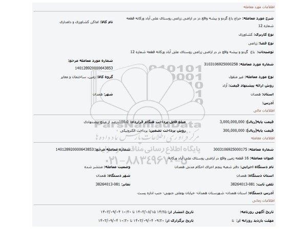 مزایده،  باغ  گردو و بیشه واقع در در اراضی زراعی روستای علی آباد ورکانه قطعه شماره 12