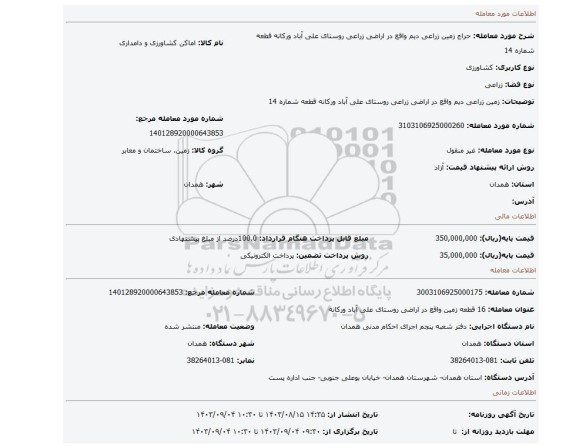 مزایده، زمین زراعی دیم واقع در اراضی زراعی روستای علی آباد ورکانه قطعه شماره 14