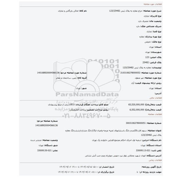 مزایده، مغازه به پلاک ثبتی 123/25482