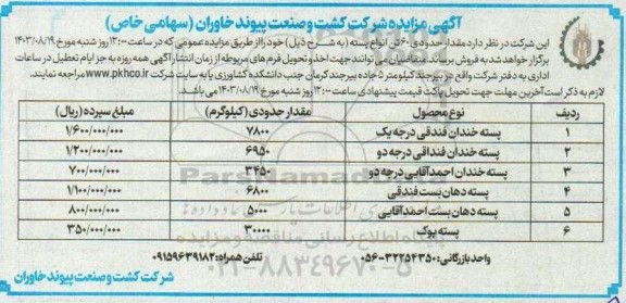 مزایده فروش مقدار حدودی 60 تن انواع پسته 