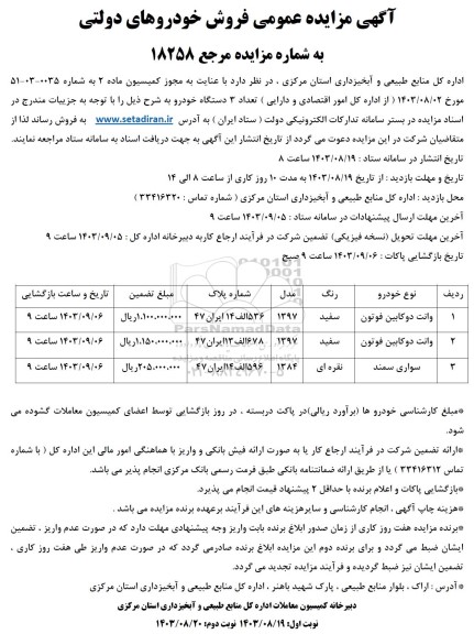 مزایده تعداد 3 دستگاه خودرو