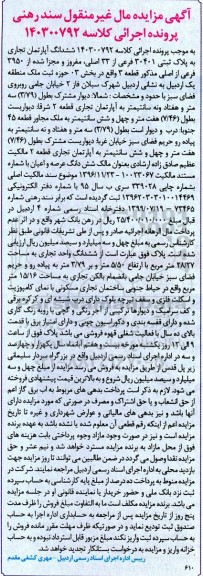 مزایده آپارتمان تجاری به مساحت 28/27 متر مربع