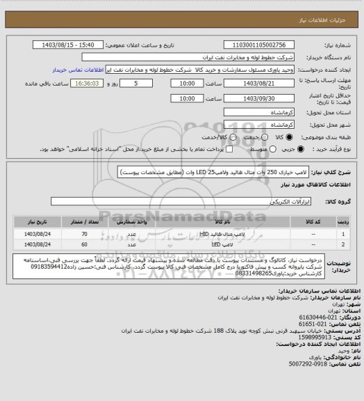 استعلام لامپ خیاری 250 وات متال هالید ولامپLED 25 وات (مطابق مشخصات پیوست)