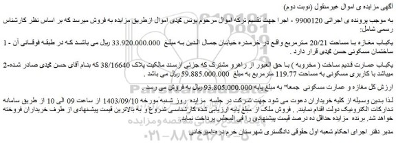 مزایده فروش یکباب مغازه با مساحت 20/21 مترمربع