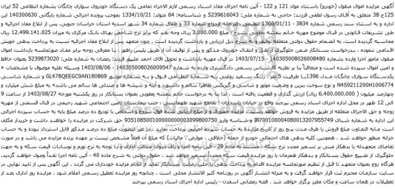 آگهی مزایده یک دستگاه خودروی سواری چانگان