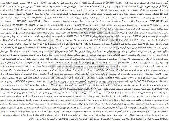 آگهی مزایده ششدانگ یک قطعه آپارتمان نوع ملک طلق به پلاک ثبتی 14209 فرعی از 49 اصلی ، مفروز و مجزا شده از5735 فرعی از اصلی