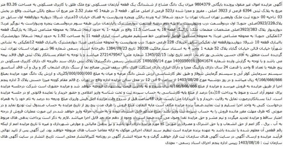 آگهی مزایده  میزان یک دانگ مشاع از ششدانگ یک قطعه آپارتمان مسکونی نوع ملک طلق با کاربری مسکونی به مساحت 83.26 متر مربع