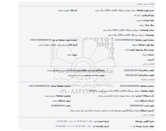 مزایده، سواری رنو لوگان L90مدل:1390-رنگ:سفید