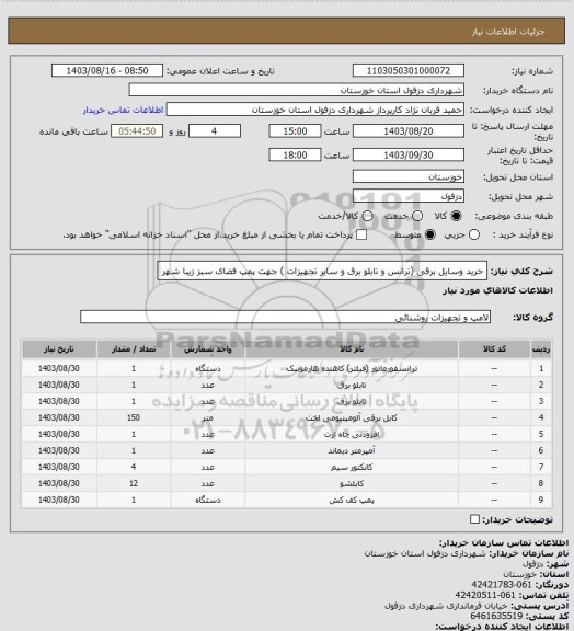 استعلام خرید وسایل برقی (ترانس و تابلو برق و سایر تجهیزات ) جهت پمپ فضای سبز زیبا شهر