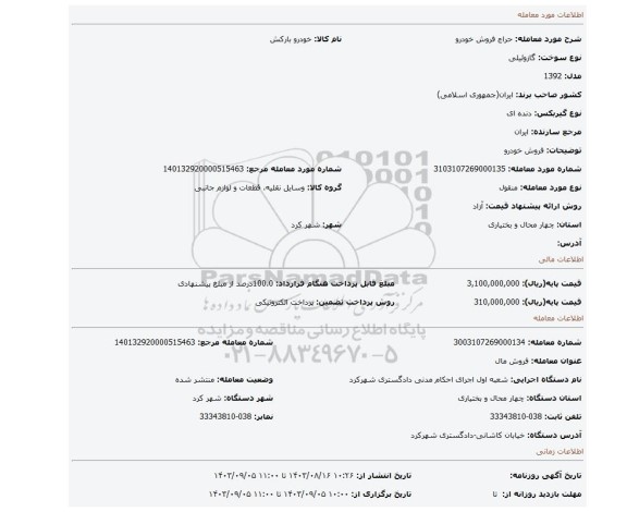 مزایده، فروش خودرو