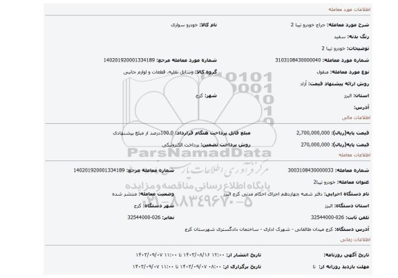 مزایده، خودرو تیبا 2