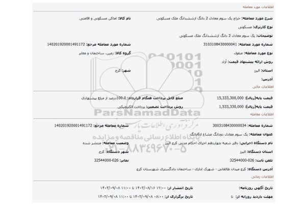 مزایده، یک سوم معادل 2 دانگ ازششدانگ ملک مسکونی