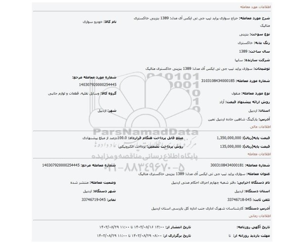 مزایده، سواری  پراید تیپ جی تی ایکس آی  مدل: 1389  بنزینی خاکستری متالیک