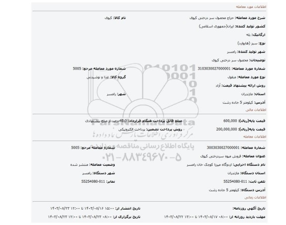 مزایده، محصول سر درختی کیوی