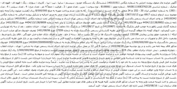 آگهی مزایده ششدانگ یک دستگاه خودرو ، سیستم : سایپا ، تیپ : تیبا