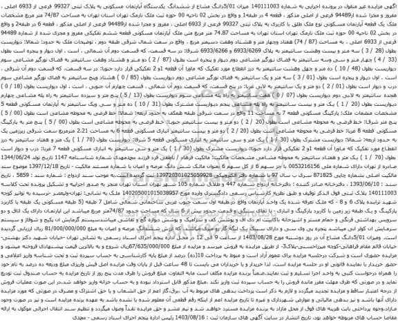 آگهی مزایده میزان 5/01دانگ مشاع از ششدانگ یکدستگاه آپارتمان مسکونی به پلاک ثبتی 99327 فرعی از 6933 اصلی ، مفروز و مجزا شده از94489 فرعی از اصلی
