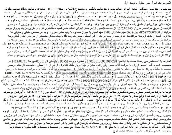 مزایده فروش پلاک ثبتی 80 فرعی از 12 اصلی بخش 97حوزه ثبتی ناحیه یک، به مساحت 258.12 مترمربع