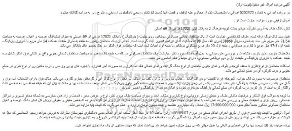 مزایده یک ساختمان ویلایی مسکونی دوبلکس روی پیلوت ( پارکینگ ) با پلاک 17021 فرعی از 69 اصلی