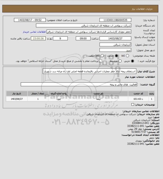 استعلام استعلام بیمه تمام خطر عملیات اجرایی باقیمانده قطعه اصلی اول راه میانه سد شهریار
