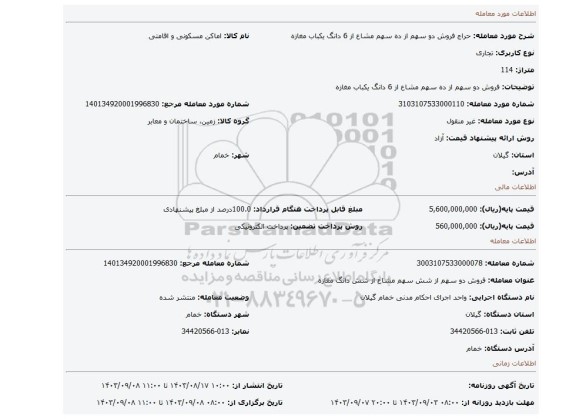 مزایده، فروش دو سهم از ده سهم مشاع از 6 دانگ یکباب مغازه