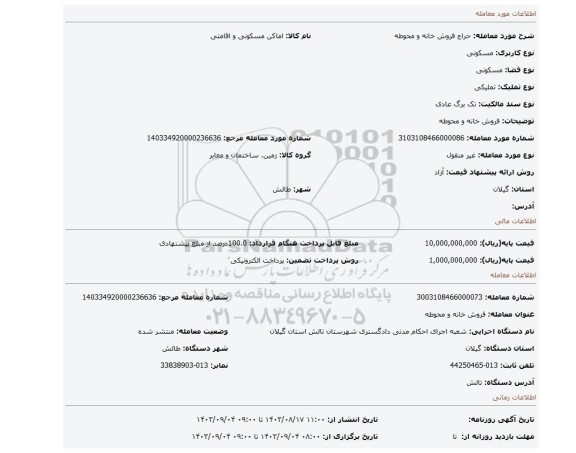 مزایده، فروش خانه و محوطه