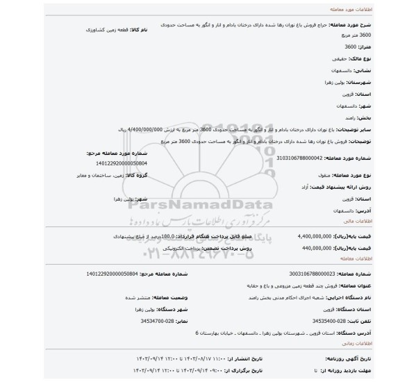 مزایده، فروش باغ نوران رها شده دارای درختان بادام و انار و انگور به مساحت حدودی 3600 متر مربع