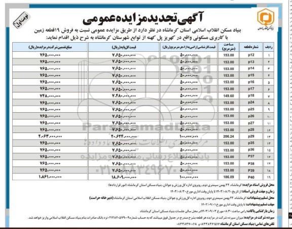 مزایده فروش 19 قطعه زمین با کاربری مسکونی تجدید