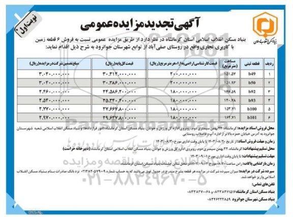 مزایده فروش 6 قطعه زمین با کاربری تجاری تجدید