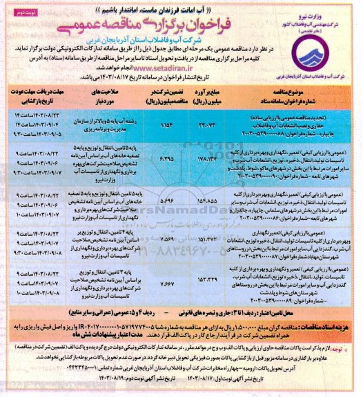 تجدید مناقصه عمومی با ارزیابی ساده حفاری و نصب انشعابات آب و فاضلاب و ...  - نوبت دوم 
