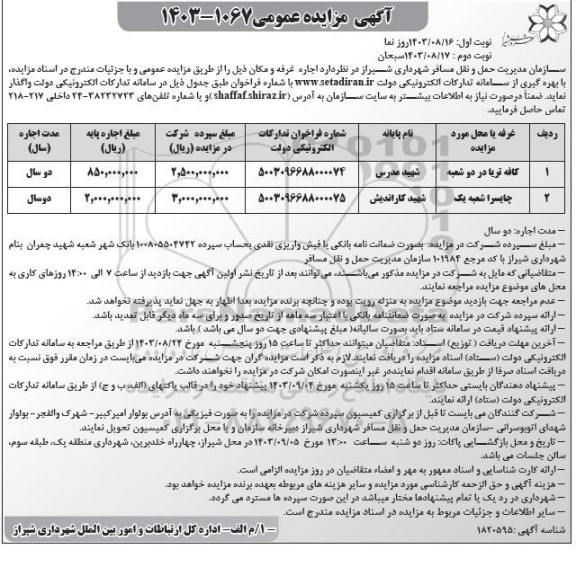 مزایده اجاره غرفه و مکان نوبت دوم 