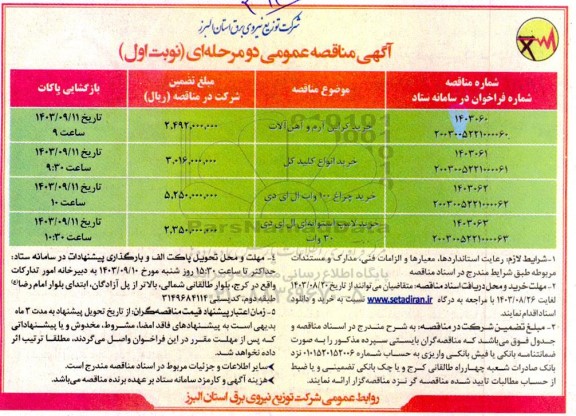 مناقصه عمومی خرید کراس آرم و آهن آلات...