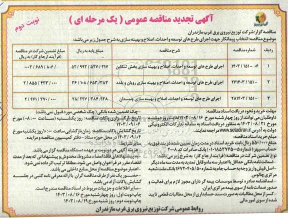 تجدید مناقصه اجرای طرح های توسعه و نگهداری شبکه های برق روستایی -نوبت دوم