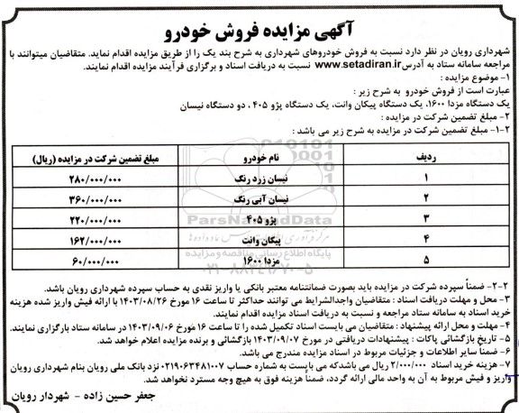آگهی مزایده فروش خودرو 